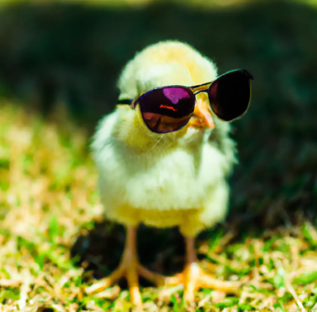 A chick wearing sunglasses. Chichen Studios About Section.